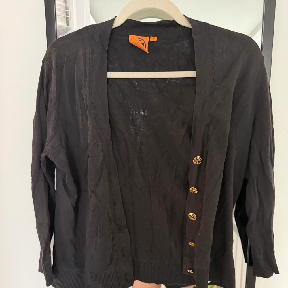 Tory Burch Black Cardigan with Gold Designer Buttons - Size L